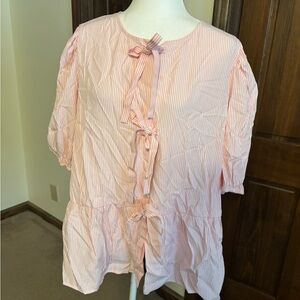 Pink Striped Blouse with Bow Accents